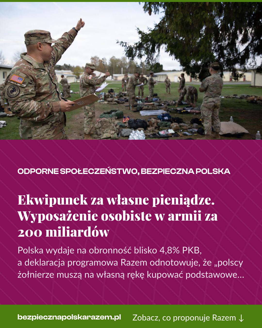 Grafika pionowa do udostępnienia: Ekwipunek za własne pieniądze. Wyposażenie osobiste w armii za 200 miliardów