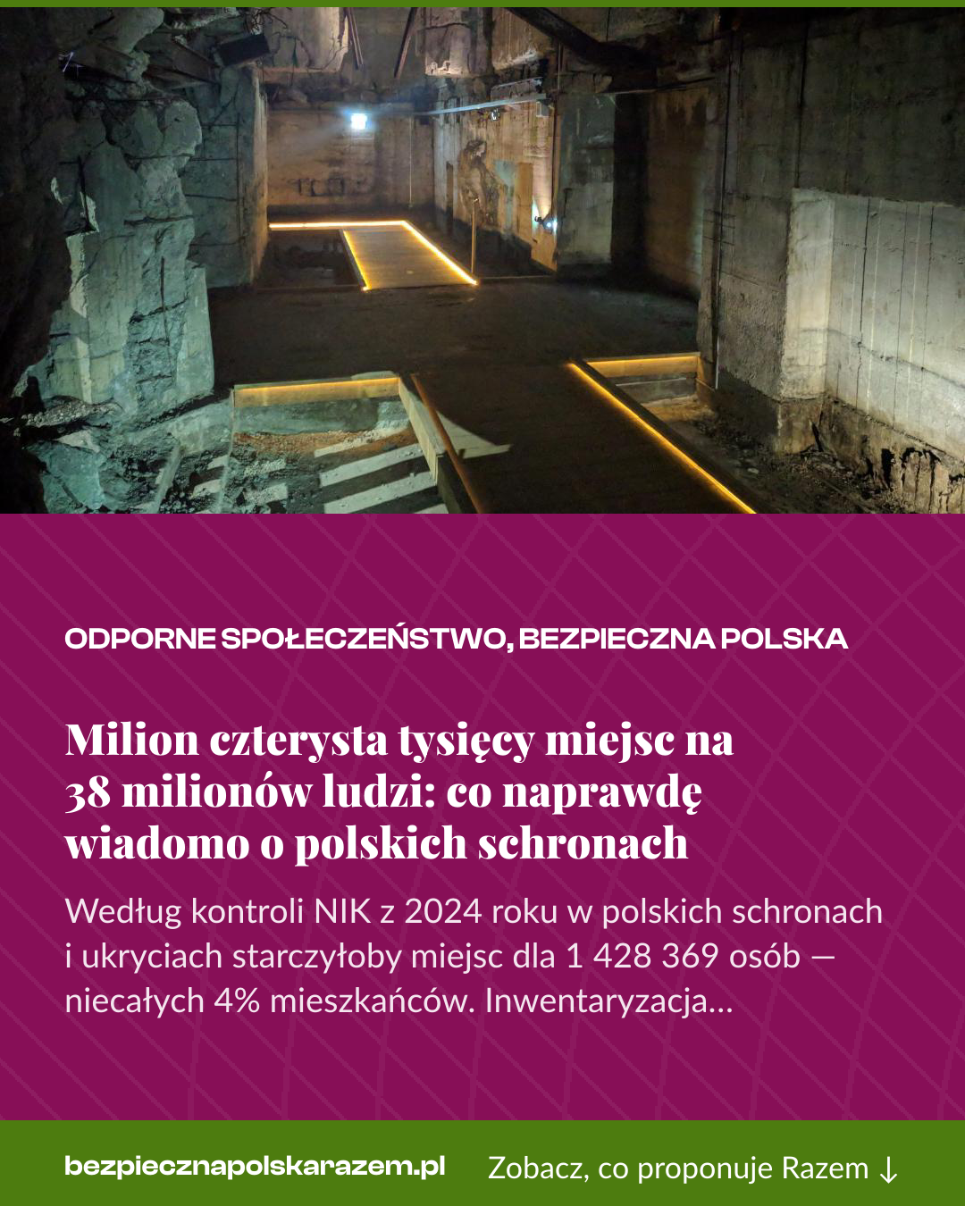 Grafika pionowa do udostępnienia: Milion czterysta tysięcy miejsc na 38 milionów ludzi: co naprawdę wiadomo o polskich schronach