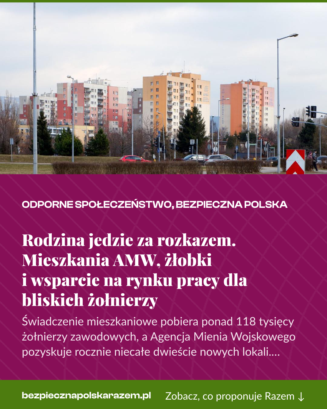 Grafika pionowa do udostępnienia: Rodzina jedzie za rozkazem. Mieszkania AMW, żłobki i wsparcie na rynku pracy dla bliskich żołnierzy