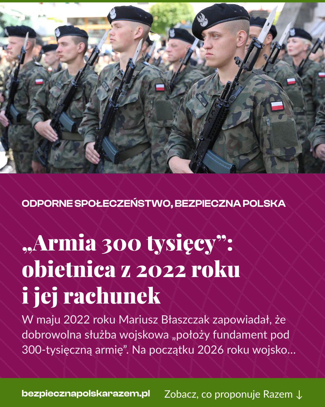 Grafika pionowa do udostępnienia: „Armia 300 tysięcy”: obietnica z 2022 roku i jej rachunek