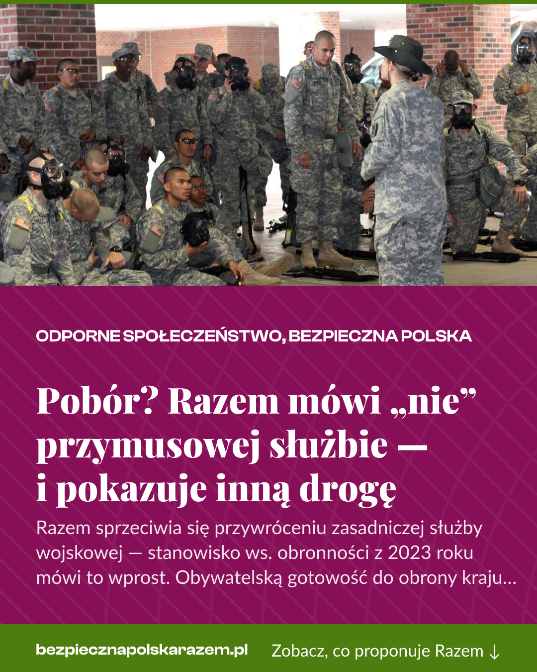 Grafika pionowa do udostępnienia: Pobór? Razem mówi „nie” przymusowej służbie — i pokazuje inną drogę